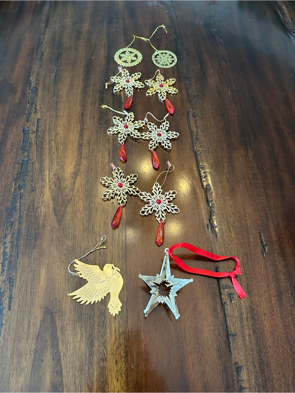 Gold and Red Snowflake Ornament Set with Star and Dove Accents